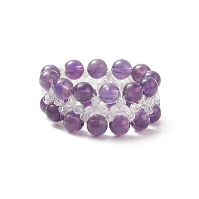 Natural Amethyst & Glass Braided Beaded Stretch Ring for Women RJEW-JR00546-02-1