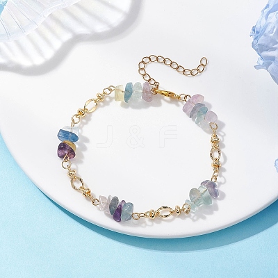 Natural Fluorite Chips & Brass Link Chain Bracelets BJEW-JB12642-1