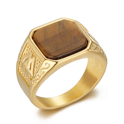 304 Stainless Steel with Natural Tiger Eye Finger Rings FS-WG06E27-05-1