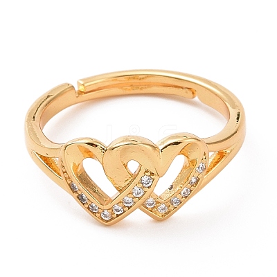 Clear Cubic Zirconia Interlocking Double Heart Adjustable Ring RJEW-C029-06G-1