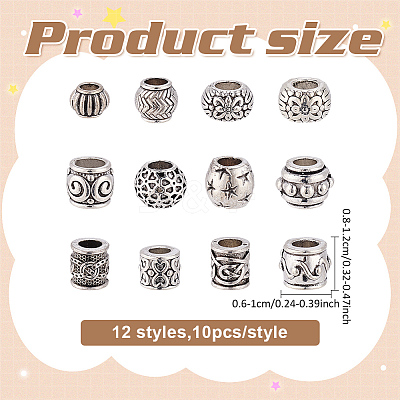 120Pcs 12 Styles Tibetan Style Alloy European Beads MPDL-ME0001-03-1