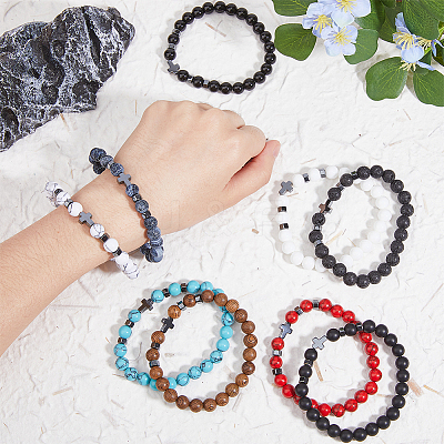 9Pcs 9 Style Natural & Synthetic Mixed Stone & Synthetic Hematite Cross Beaded Stretch Bracelets Set BJEW-FI0001-49-1