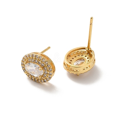 Clear Cubic Zirconia Oval Stud Earrings EJEW-K093-15G-1