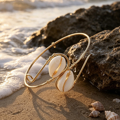 Ocean Alloy & Natural Cowrie Shell Spiral Upper Arm Cuff Bangles WG57DAE-01-1