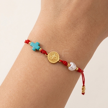 Religion Dyed Synthetic Turquoise Cross and Imitation Pearl Braided Bead Bracelets KV1006-1