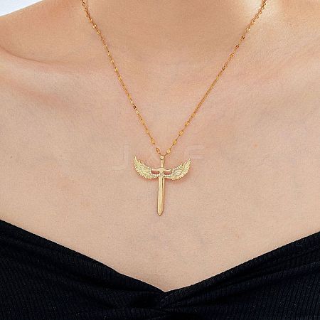 Brass Clear Cubic Zirconia 3D Cute Wing Sword Pendant Necklaces for Daily Wear GF5627-1-1