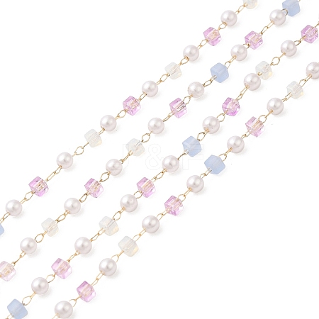 Faceted Cube Glass & ABS Plastic Imitation Pearl Beaded Chains CHS-G026-02KCG-02-1