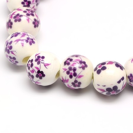 Handmade Flower Printed Porcelain Ceramic Beads Strands PORC-M007-10mm-11-1