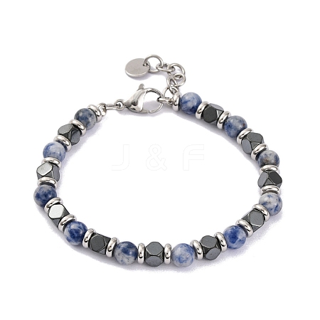 Natural Sodalite & Magnetic Synthetic Hematite Round Beaded Bracelet X-BJEW-P339-02P-05-1