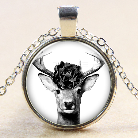 Christmas Reindeer/Stag Pattern Flat Round Glass Pendant Necklaces NJEW-N0051-034F-02-1