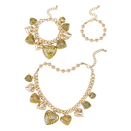CCB Plastic Graduated Heart Pendant Aluminum Twisted Chain Necklaces & Brass Charm Bracelets & Round Beaded Bracelets Sets for Women SJEW-DC0001-02-1