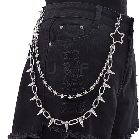 Punk Style Star Alloy with Aluminium Spiked Cone Double Layered Chain Belts for Pants FS-WGA3437-03-1