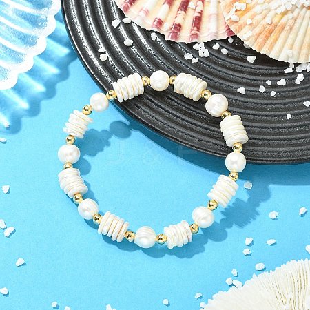Electroplated Shell Pearl & Brass Beaded Stretch Bracelets for Women BJEW-JB13997-1