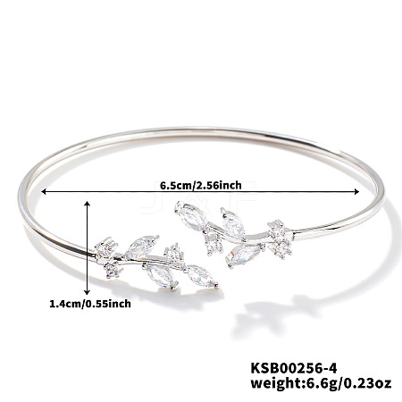 Elegant Brass Cubic Zirconia Leaf Cuff Bangles for Women VL7639-4-1