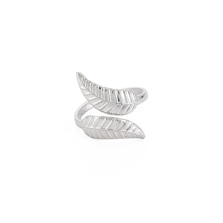 304 Stainless Steel Leaf Open Cuff Ring for Women RJEW-S405-175P-1
