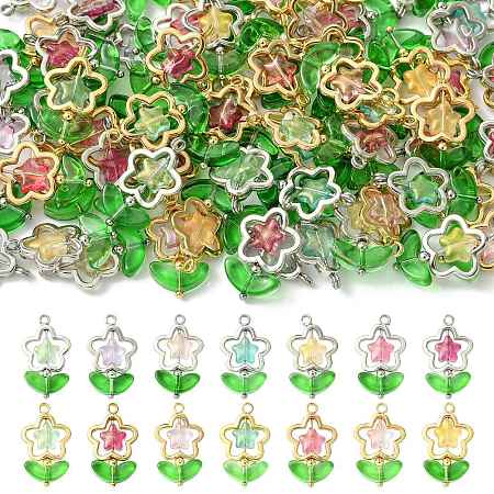 70Pcs 2 Styles 7 Colors Flower Brass Glass Pendants PALLOY-FS00057-1