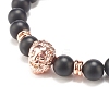 3Pcs 3 Color Synthetic Black Stone Round Beaded Stretch Bracelets Set with Brass Lion BJEW-JB07864-4