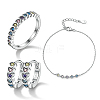 Anti-Tarnish Rhodium Plated Sterling Silver Heart Finger Rings & Link Bracelets & Hoop Earrings ES9944-8-1