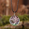 Flat Round Glass with Dried Flower Tree Inner Pendant Black Waxed Cord Necklaces FS-WG87A6D-15-1