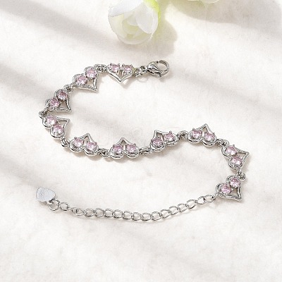 Heart Brass Micro Pave Cubic Zirconia Link Chain Bracelets BJEW-L715-01P-02-1