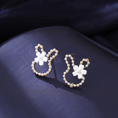 Alloy Imitation Pearl Plastic Rabbit & Flower Stud Earrings for Women WGC2AFB-01-1