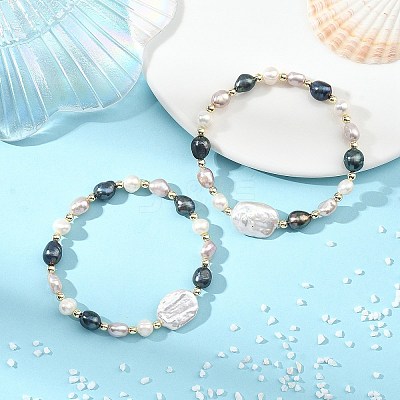 2Pcs Natural Cultured Freshwater Pearl & Non-magnetic Synthetic Hematite Beads Stretch Bracelets for Women BJEW-JB14085-1