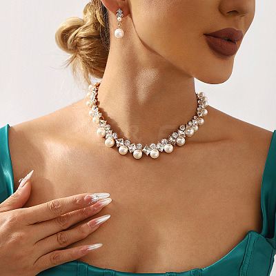 Rhombus Alloy & Plastic Pearl & Crystal Rhinestone Pendant Necklace & Stud Dangle Earring FS-WGAC24E-02-1