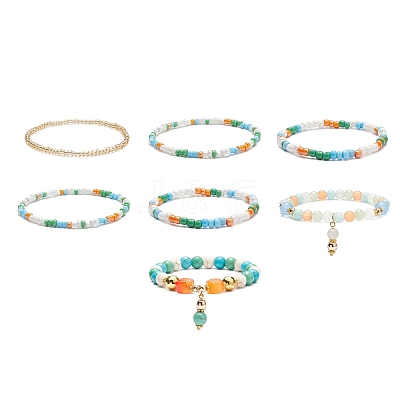 7Pcs 7 Style Natural Dyed Malaysia Jade & Agate & Glass Seed Beaded Stretch Bracelets Set BJEW-JB08892-01-1