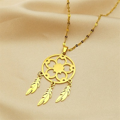 Woven Net/Web with Feather 201 Stainless Steel Boho Pendant Necklaces for Women NJEW-G087-04G-1
