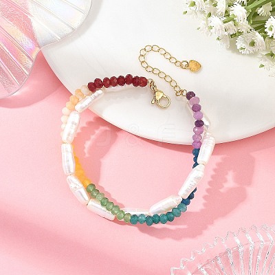 Dyed Faceted Rondelle Chakra Natural Malaysia Jade & Baroque Keshi Pearl Biwa Stick Beaded 2-strand Bracelets for Women BJEW-JB14449-1
