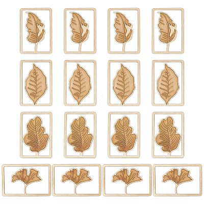 16Pcs 4 Styles Brass Rectangle with Leaf Bookmarks AJEW-DR0001-70-1