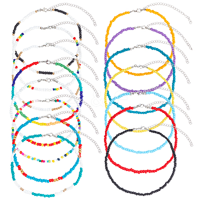 15Pcs 15 Styles Round Glass Seed Beads Choker Necklaces NJEW-AR0001-01-1