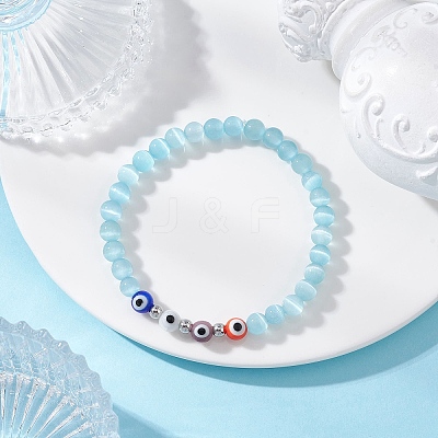 4Pcs 4 Colors Cat Eye & Handmade Evil Eye Lampwork Round Beaded Stretch Bracelets for Women BJEW-JB12289-1