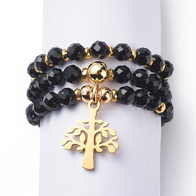 15Pcs 5 Set Natural Black Onyx & Synthetic Hematite Beaded Stretch Rings Set RJEW-JR00521-1