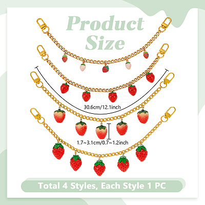 4Pcs 4 Styles Alloy Enamel & Resin Fruit Red Strawberry Charm 304 Stainless Steel Bag Decorative Chains HJEW-PH02272-1