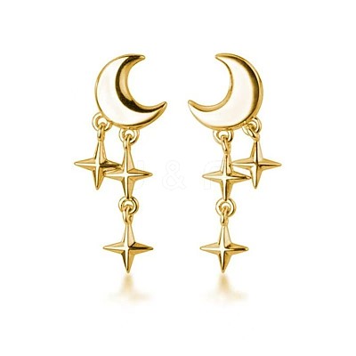 Elegant S925 Sterling Silver Moon with Star Tassel Stud Earrings ZZ6690-1-1