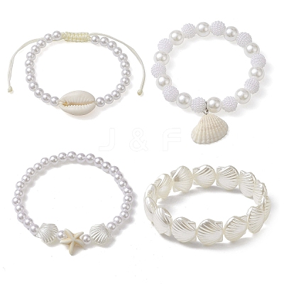 4Pcs 4 Style ABS Plastic Imitation Pearl Beaded Stretch Bracelets Set BJEW-JB10104-1