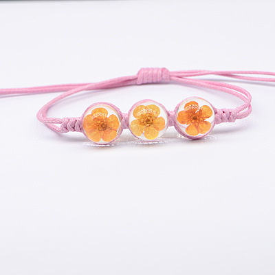 Transparent Glass Dried Flower Flat Round Beads Braided Bead Bracelets FS-WG4C602-03-1
