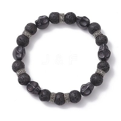 2Pcs 2 Styles Halloween Natural Lava Rock Round & Dyed Synthetic Turquoise Skull Beaded Stretch Bracelet Sets for Women Men BJEW-JB12251-1