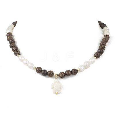 Ocean Dyed Synthetic Turquoise Trutle Pendant 8MM Natural Cultured Freshwater Pearl & Wenge Wood Round Beaded Necklaces for Women NJEW-JN05938-1