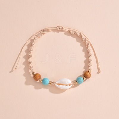 Adjustable Natural Cowrie Shell & Round Wood & Synthetic Turquoise Beaded Cotton Cord Braided Anklets for Women FS-WG3A61A-01-1