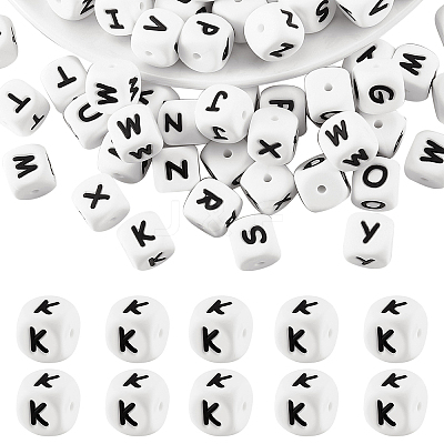 20Pcs White Cube Letter Silicone Beads 12x12x12mm Square Dice Alphabet Beads with 2mm Hole Spacer Loose Letter Beads for Bracelet Necklace Jewelry Making JX432K-1