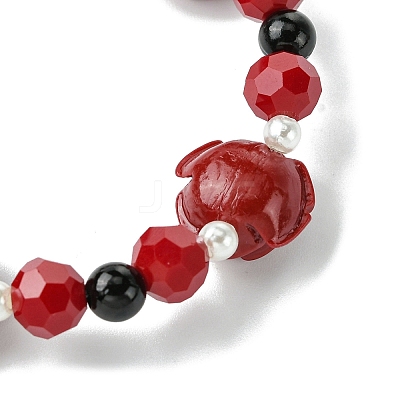 Synthetic Coral Rose Flower & Opaque Glass Beads & ABS Plastic Imitation Pearl Beaded Stretch Bracelets for Women BJEW-JB10748-1