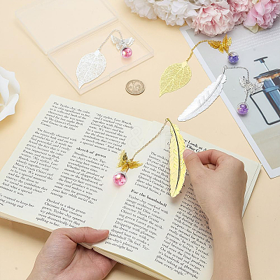 4Pcs 4 Styles Alloy Feather/Leaf Bookmarks AJEW-AR0001-95-1