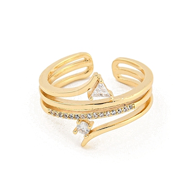 Triangle & Flat Round Brass Micro Pave Clear Cubic Zirconia Open Cuff Rings RJEW-G309-28G-1