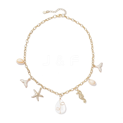 Alloy Enamel Whale Tail Starfish & Natural Shell Teardrop Pendant 304 Stainless Steel Cable Chain Necklaces for Women NJEW-JN05407-01-1