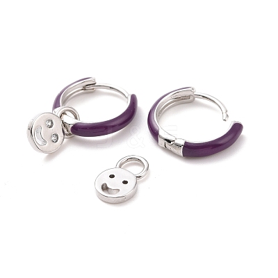 Clear Cubic Zirconia Smiling Face Dangle Hoop Earrings with Enamel EJEW-C030-13P-1