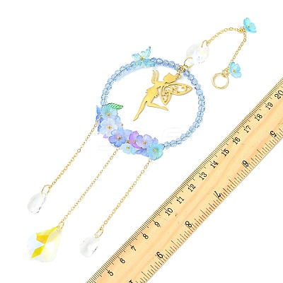Teardrop Flower Glass & Acrylic Beads Suncatcher with 201 Stainless Steel Fairy Pendants HJEW-JM04988-02-1