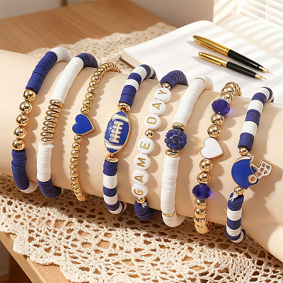 8Pcs 1Bag Rugby Polymer Clay Heishi & CCB Plastic Beaded Stretch Bracelets Set BJEW-PA0001-12B-1