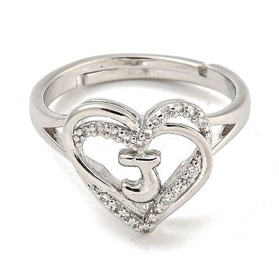 Heart with Letter Rack Plating Brass Micro Pave Clear Cubic Zirconia Adjustable Rings for Women RJEW-I105-01P-J-1